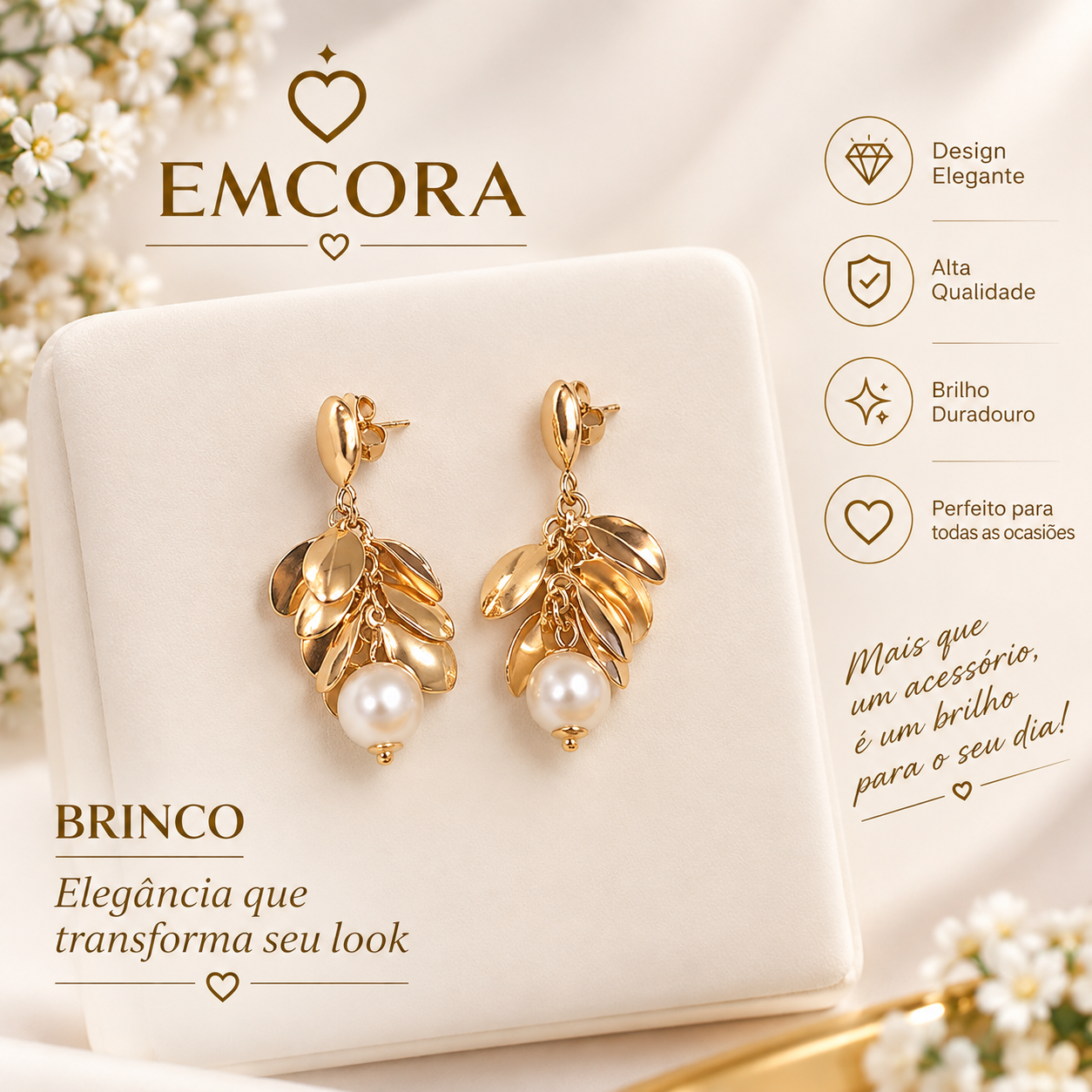 Brinco Dourado Folhas com Pérola – Modelo Pendente Elegante - Imagem 2